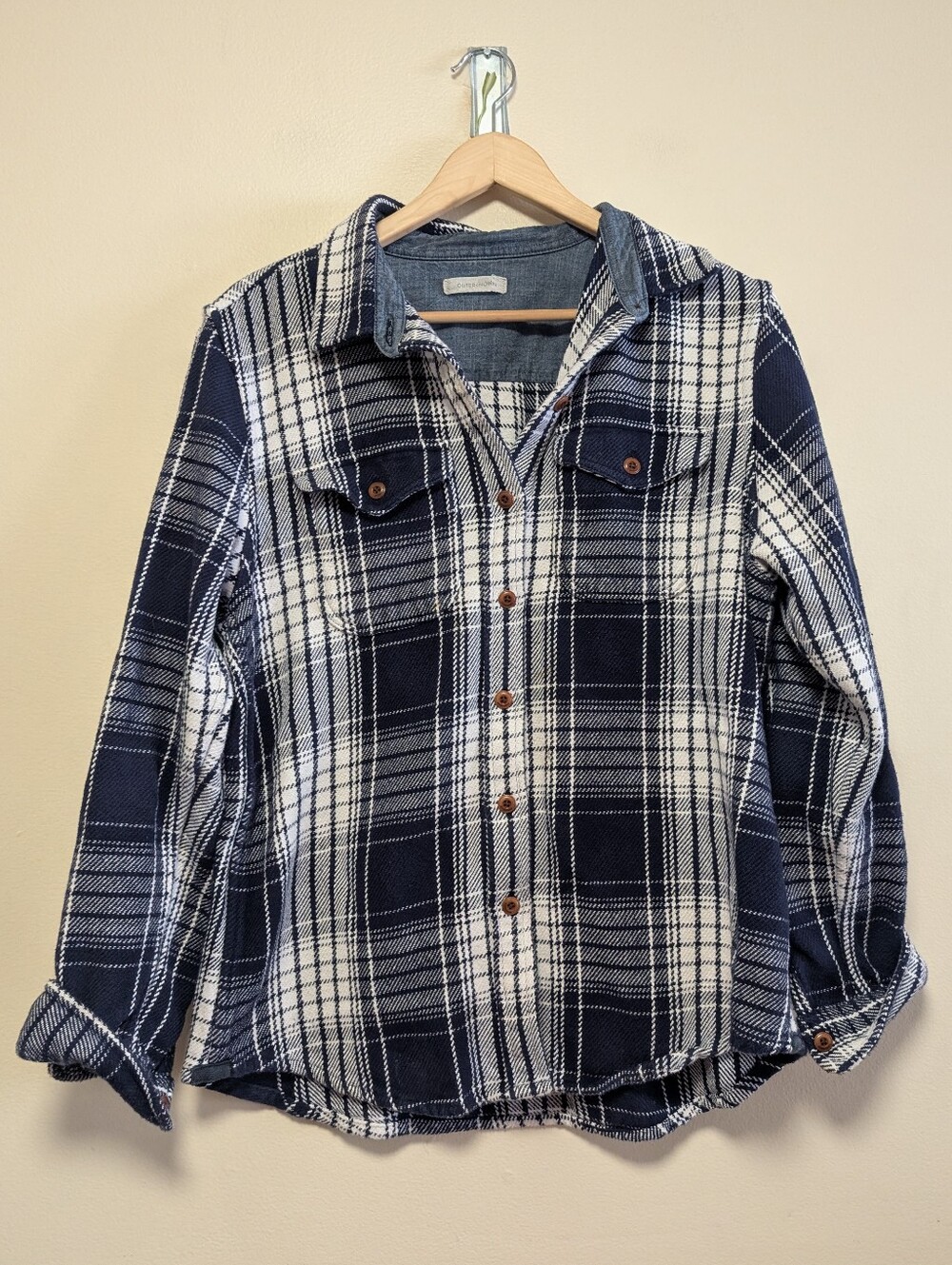 Outerknown Blanket Shirt M/L Navy White Plaid Organic Cotton Overshirt - Picture 2 of 8